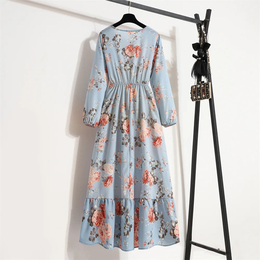 Women Eid Muslim Dresses Tight Waist O Neck Ruffles Spliced Casual Vestidos Flowers Dress Dubai Kaftan Islam Morocco Arab ShedPoundsPortal