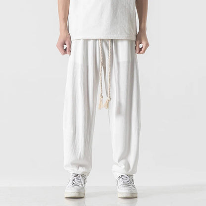 Mens Cotton Linen Pants Mens Summer Breathable Solid Color Harem Pants Male Streetwear White Trousers Men Ankle-Length Pants ShedPoundsPortal