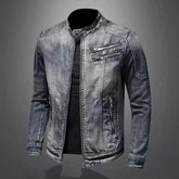 Trendy Stand Collar Zip-Uplapel Motorcycle Denim Jacket Unique Vintage Sports Top For Men Casual Trendy Brand Jacket ShedPoundsPortal