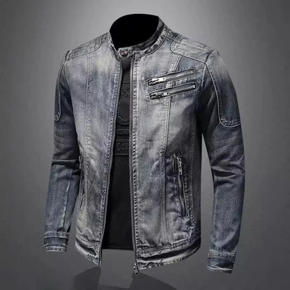 Trendy Stand Collar Zip-Uplapel Motorcycle Denim Jacket Unique Vintage Sports Top For Men Casual Trendy Brand Jacket ShedPoundsPortal