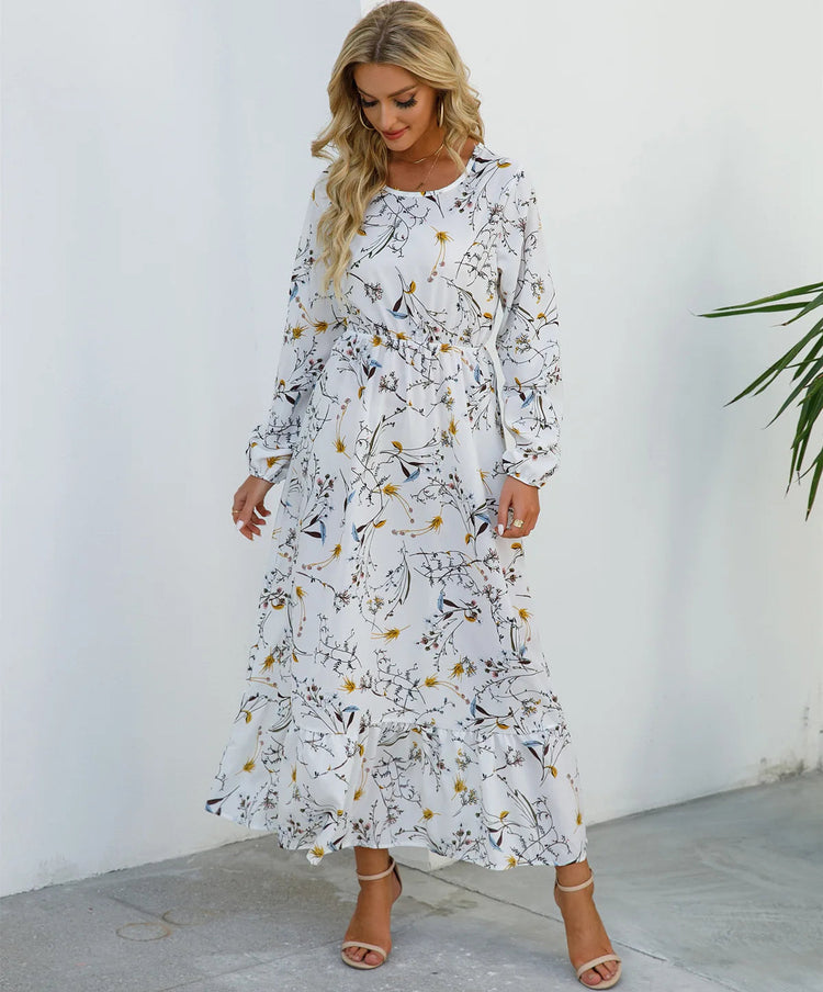 Women Eid Muslim Dresses Tight Waist O Neck Ruffles Spliced Casual Vestidos Flowers Dress Dubai Kaftan Islam Morocco Arab ShedPoundsPortal