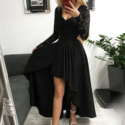 Elegant Satin V-Neck Maxi Dress with Lace Dovetail