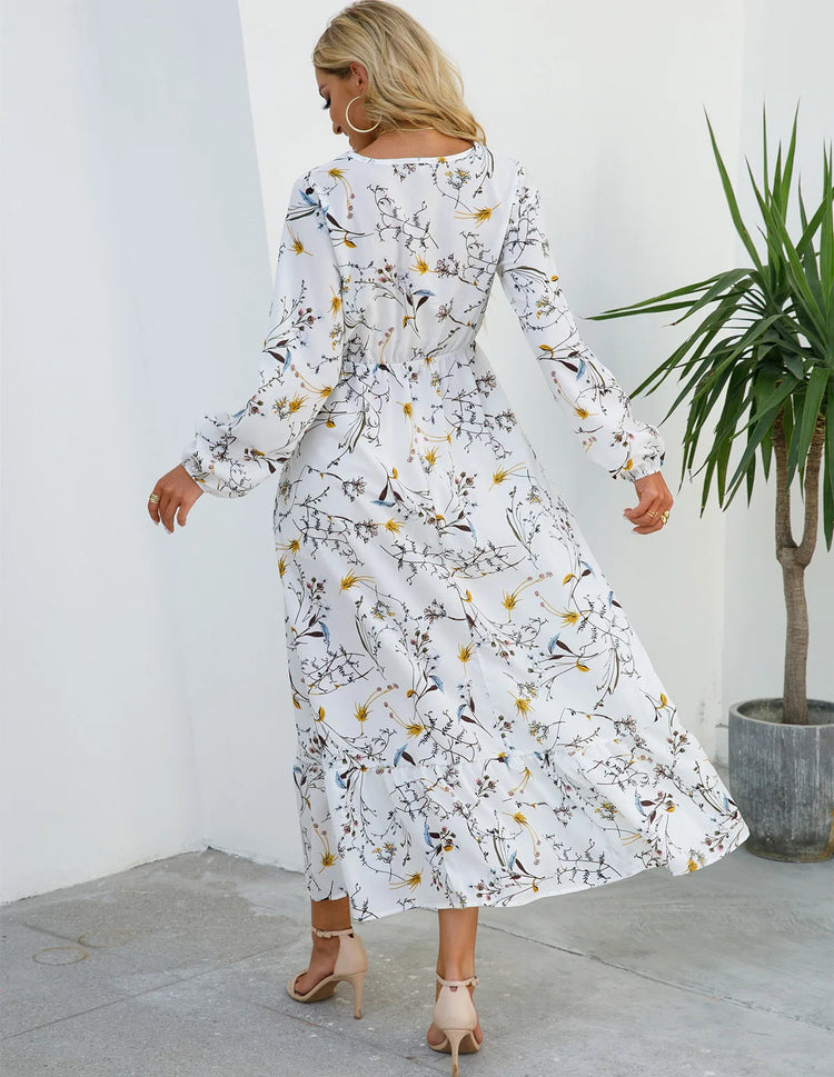 Women Eid Muslim Dresses Tight Waist O Neck Ruffles Spliced Casual Vestidos Flowers Dress Dubai Kaftan Islam Morocco Arab ShedPoundsPortal