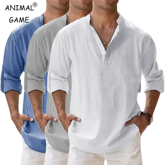 Streetwear Men Lightweight Shirts Long Sleeve Henley Cotton Linen Shirts for Men Beach Hawaiian Shirts Breathable Collar Tshirts ShedPoundsPortal