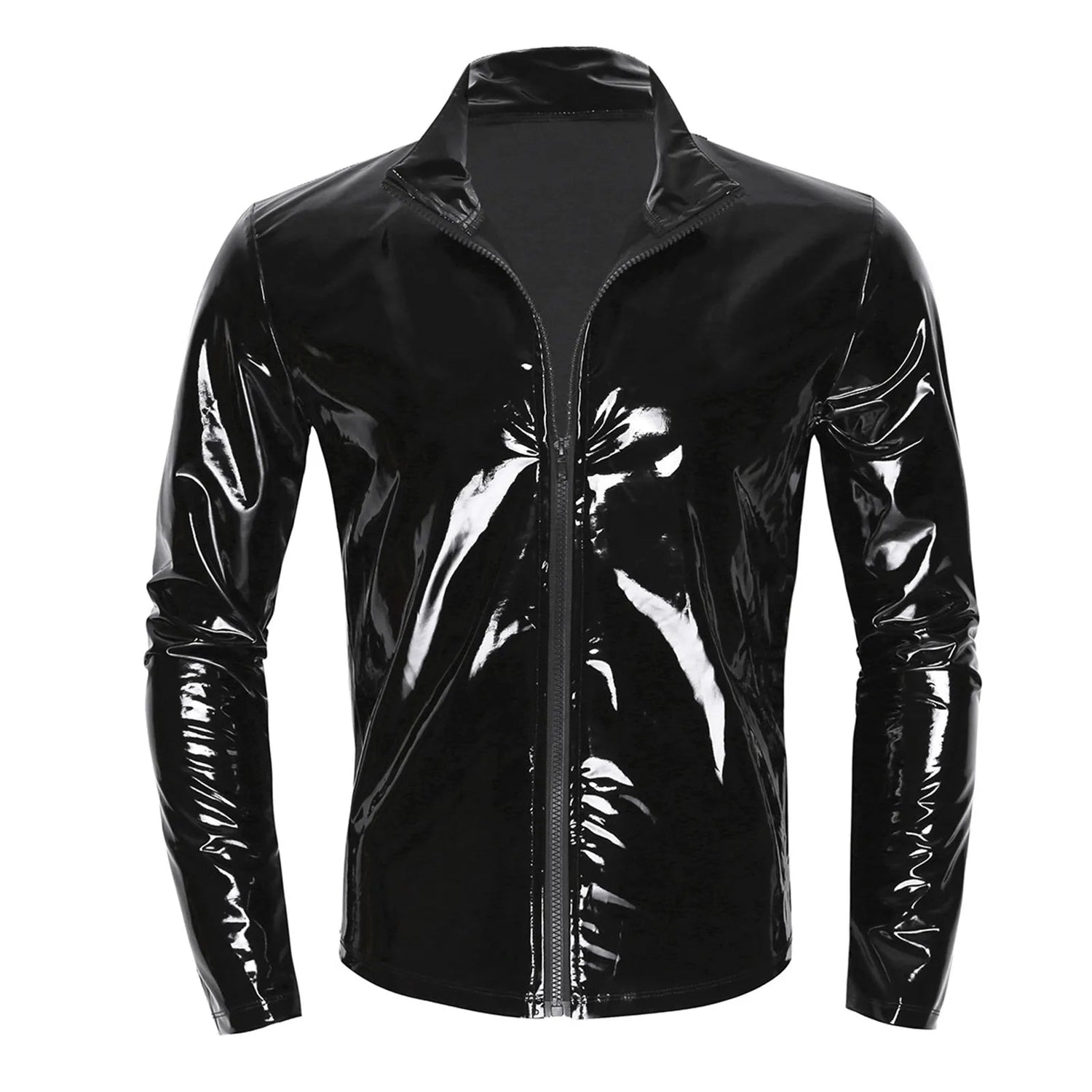 Men Wet Look Patent Leather Coat Long Sleeve Front-Zip Shiny Metallic Tops Fashion Man&