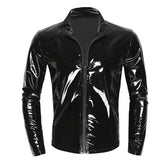 Men Wet Look Patent Leather Coat Long Sleeve Front-Zip Shiny Metallic Tops Fashion Man&
