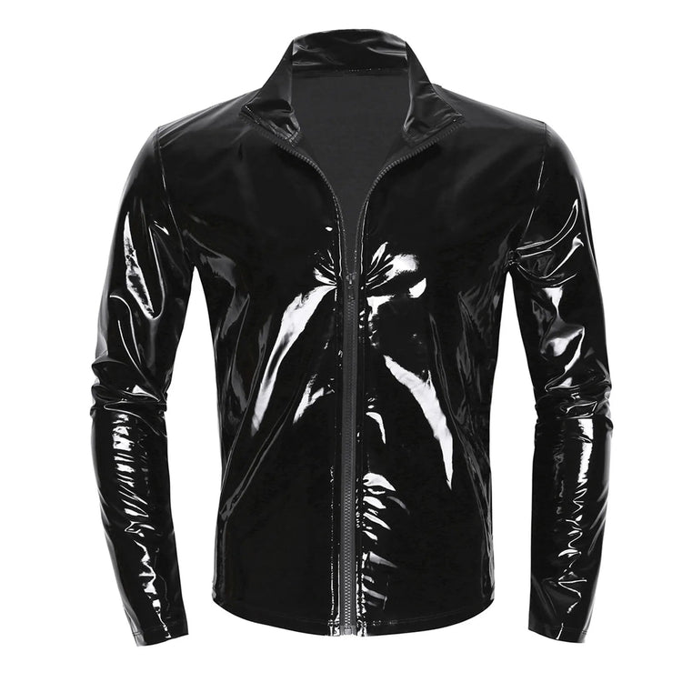 Men Wet Look Patent Leather Coat Long Sleeve Front-Zip Shiny Metallic Tops Fashion Man&