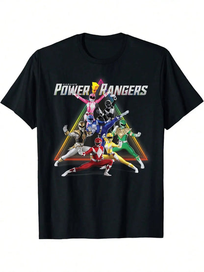 Power Rangers Rainbow Pyramid Retro Action Portrait T Shirt 100% Cotton Knit Fabric Casual T-Shirt With Crew Neck Short Sleeves ShedPoundsPortal