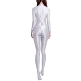Sexy Women Zipper Full Body Jumpsuit Oil Glossy Sheer Solid Color Tights Bodysuits Long Sleeve Catsuits Smooth Swimsuits Rompers ShedPoundsPortal