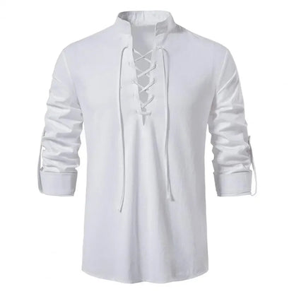 Shirt Cotton Linen Flax Tops Lace Up Long Sleeves Blouse Mens V Neck Medieval Costume Embroidery Tunic Casual Shirt ShedPoundsPortal
