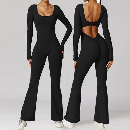 long sleeved jumpsuit U-neck tight and sexy backless jumpsuit for autumn and winter yoga sports and leisure series ShedPoundsPortal