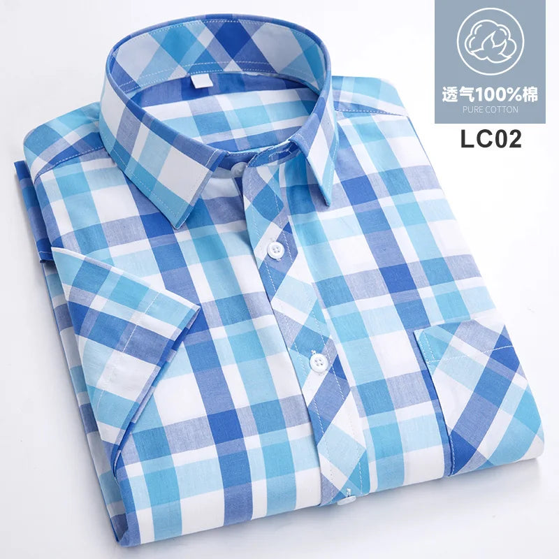 2025 Summer Cotton Plaid Short Sleeve Shirts For Men Plus Size Regular Fit Classic Young  England  Style Shirts Man&