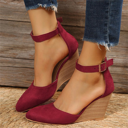 Fashion Women High Heel Sandals Closed Toe Solid Suede Pointed Wedge Heel Shoes Thick Bottom Buckle Sandals Female Footwear