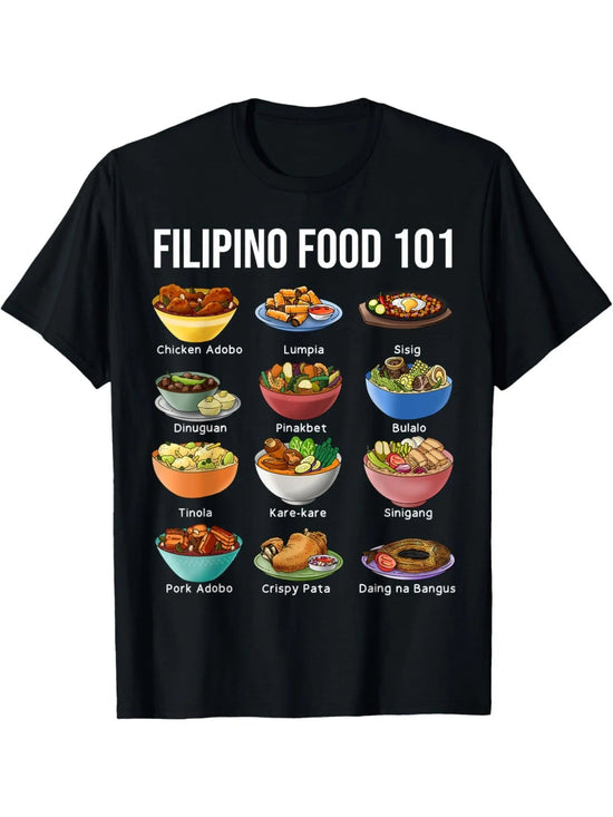Filipino Food 101 Graphic T-Shirt, Casual Crew Neck, Cotton Blend Tee with Medium Stretch, with Popular Philippine Dishes Print ShedPoundsPortal