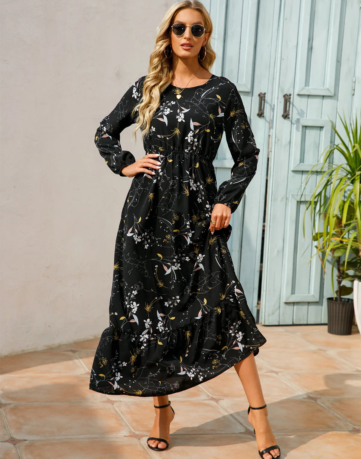 Women Eid Muslim Dresses Tight Waist O Neck Ruffles Spliced Casual Vestidos Flowers Dress Dubai Kaftan Islam Morocco Arab ShedPoundsPortal