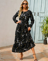 Women Eid Muslim Dresses Tight Waist O Neck Ruffles Spliced Casual Vestidos Flowers Dress Dubai Kaftan Islam Morocco Arab ShedPoundsPortal