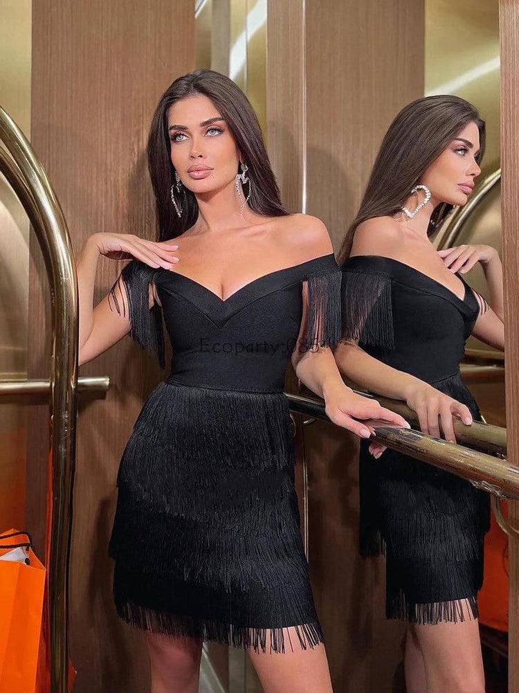 Women Evening Dresses Sexy Big V Neck One-shoulder Fringed Skirt Ladies Temperament Slim Dress Short Sleeve Club Dress Vestidos ShedPoundsPortal