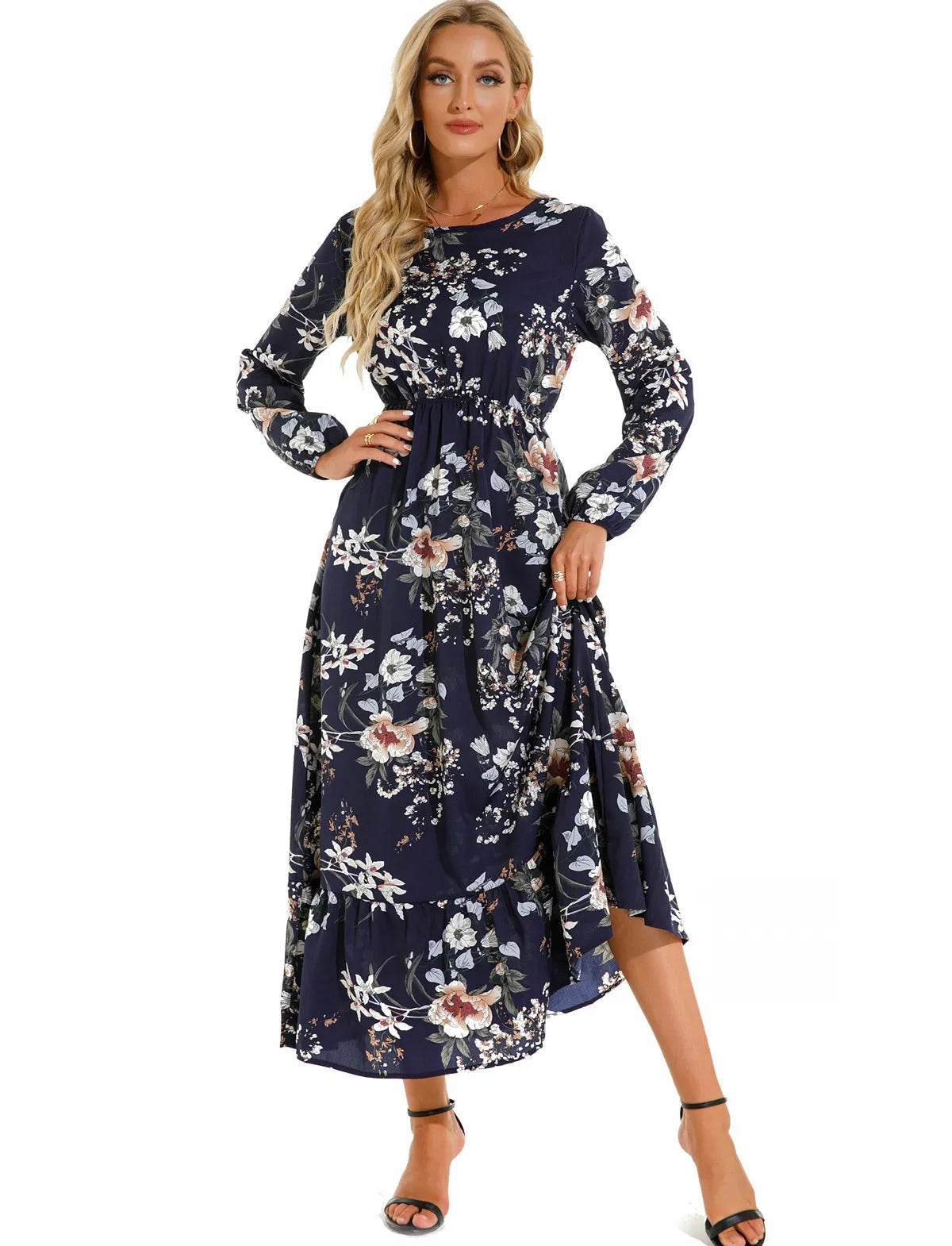 Women Eid Muslim Dresses Tight Waist O Neck Ruffles Spliced Casual Vestidos Flowers Dress Dubai Kaftan Islam Morocco Arab ShedPoundsPortal