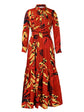 Elegant lapel print single breasted Waist tie long sleeved dress for spring and autumn women&
