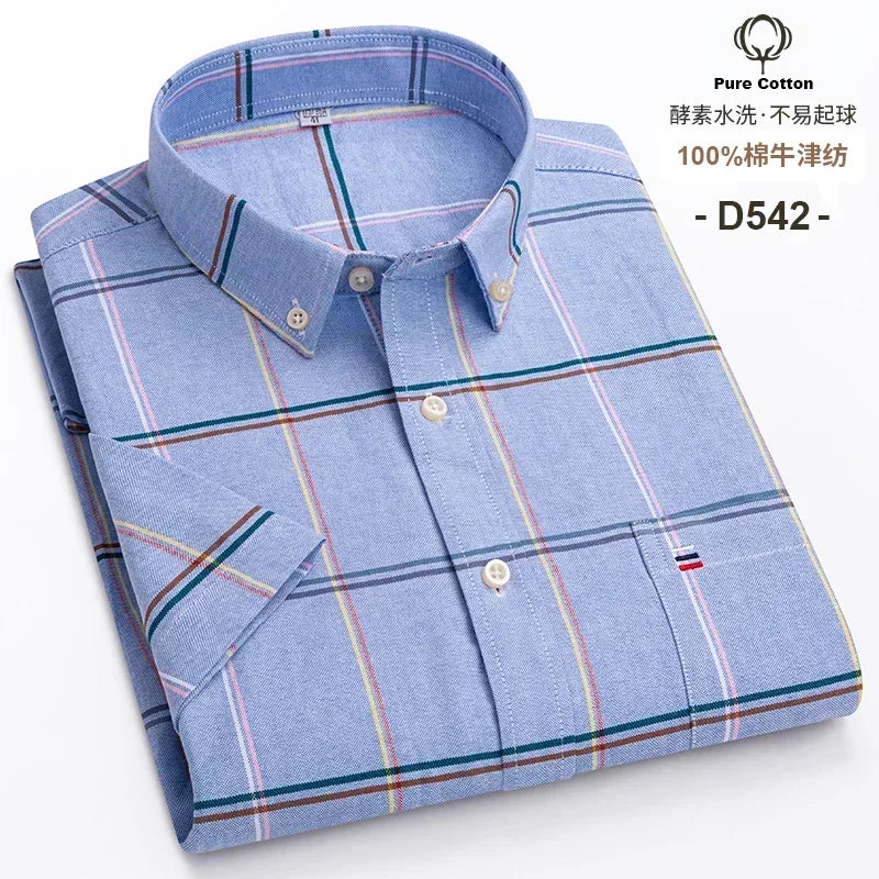 Cotton Fabric Breathable Men Oxford Short Sleeve Summer Plaid Striped Male Shirt Business Regular Fit Oversized Clothes ShedPoundsPortal