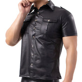 Mens Shirts Faux Leather T Shirts Nightclub Stage Costumes Short Sleeve Button Up Shirt PU Leather Latex Wetlook Dance Clubwear ShedPoundsPortal