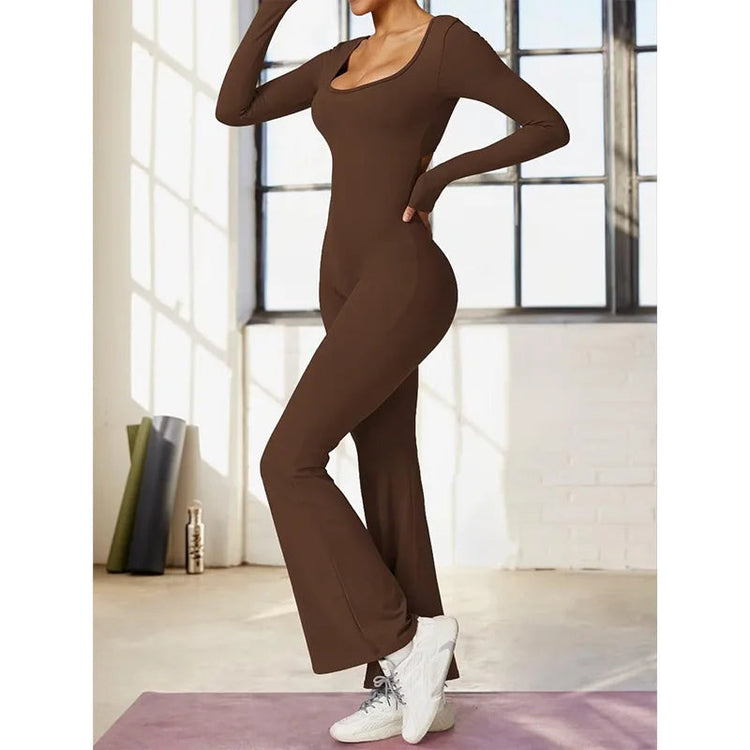 long sleeved jumpsuit U-neck tight and sexy backless jumpsuit for autumn and winter yoga sports and leisure series ShedPoundsPortal
