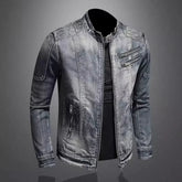 Trendy Stand Collar Zip-Uplapel Motorcycle Denim Jacket Unique Vintage Sports Top For Men Casual Trendy Brand Jacket ShedPoundsPortal