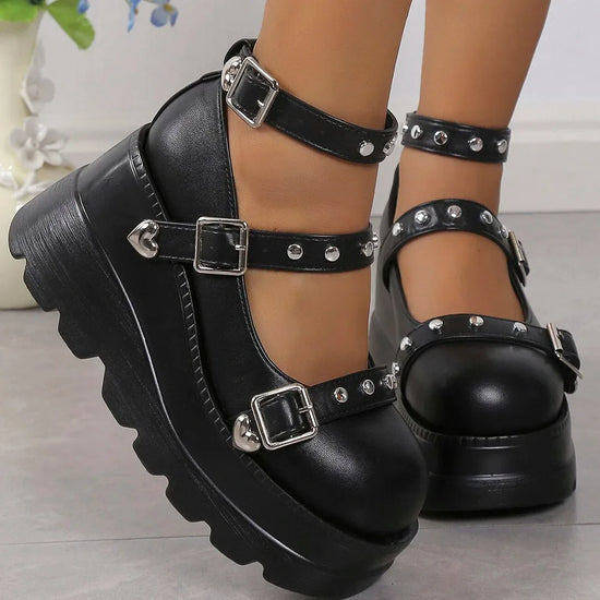 DoraTasia Retro Mary Jane Punk Heels – Studded Black Lolita Party Shoe