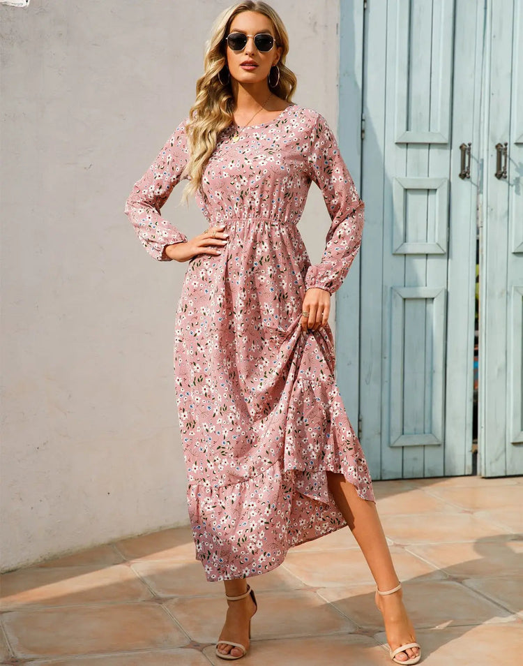 Women Eid Muslim Dresses Tight Waist O Neck Ruffles Spliced Casual Vestidos Flowers Dress Dubai Kaftan Islam Morocco Arab ShedPoundsPortal