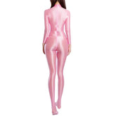 Sexy Women Zipper Full Body Jumpsuit Oil Glossy Sheer Solid Color Tights Bodysuits Long Sleeve Catsuits Smooth Swimsuits Rompers ShedPoundsPortal