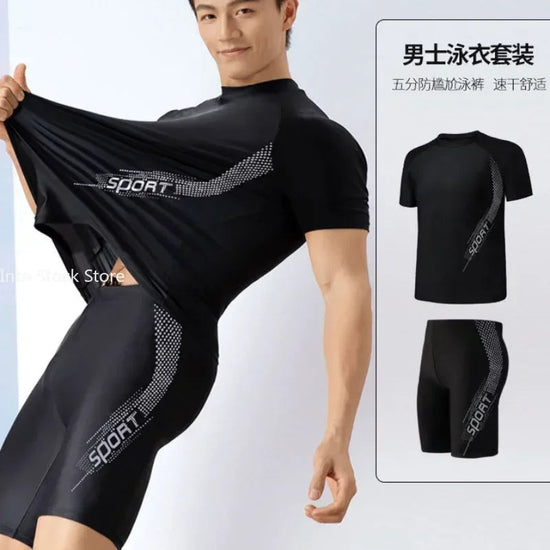 Men Swimsuit O-Neck Short Sleeve Mid-rise Swimming Suit Printing Slim Fit T-shirt Swimming Trucks Set Beachwear ShedPoundsPortal