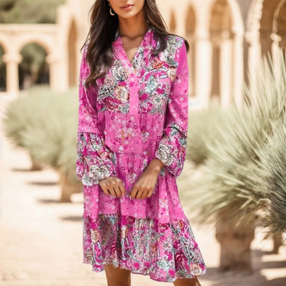 Dresses For Women Summer Casual Plus Size Womens Vintage Ethnic Printed Tassel Tie Neck Loose Fit Bohemian Tunic Woman Clothing