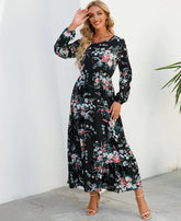 Women Eid Muslim Dresses Tight Waist O Neck Ruffles Spliced Casual Vestidos Flowers Dress Dubai Kaftan Islam Morocco Arab ShedPoundsPortal