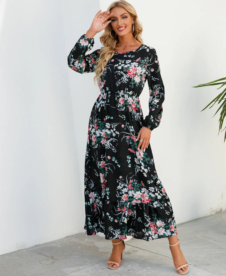 Women Eid Muslim Dresses Tight Waist O Neck Ruffles Spliced Casual Vestidos Flowers Dress Dubai Kaftan Islam Morocco Arab ShedPoundsPortal