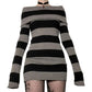 Women Striped Mini Bodycon Dress Stripe Boat-Neck Off Shoulder Long Sleeve Short Dress Spring Autumn Wrapped Hip Party Dress