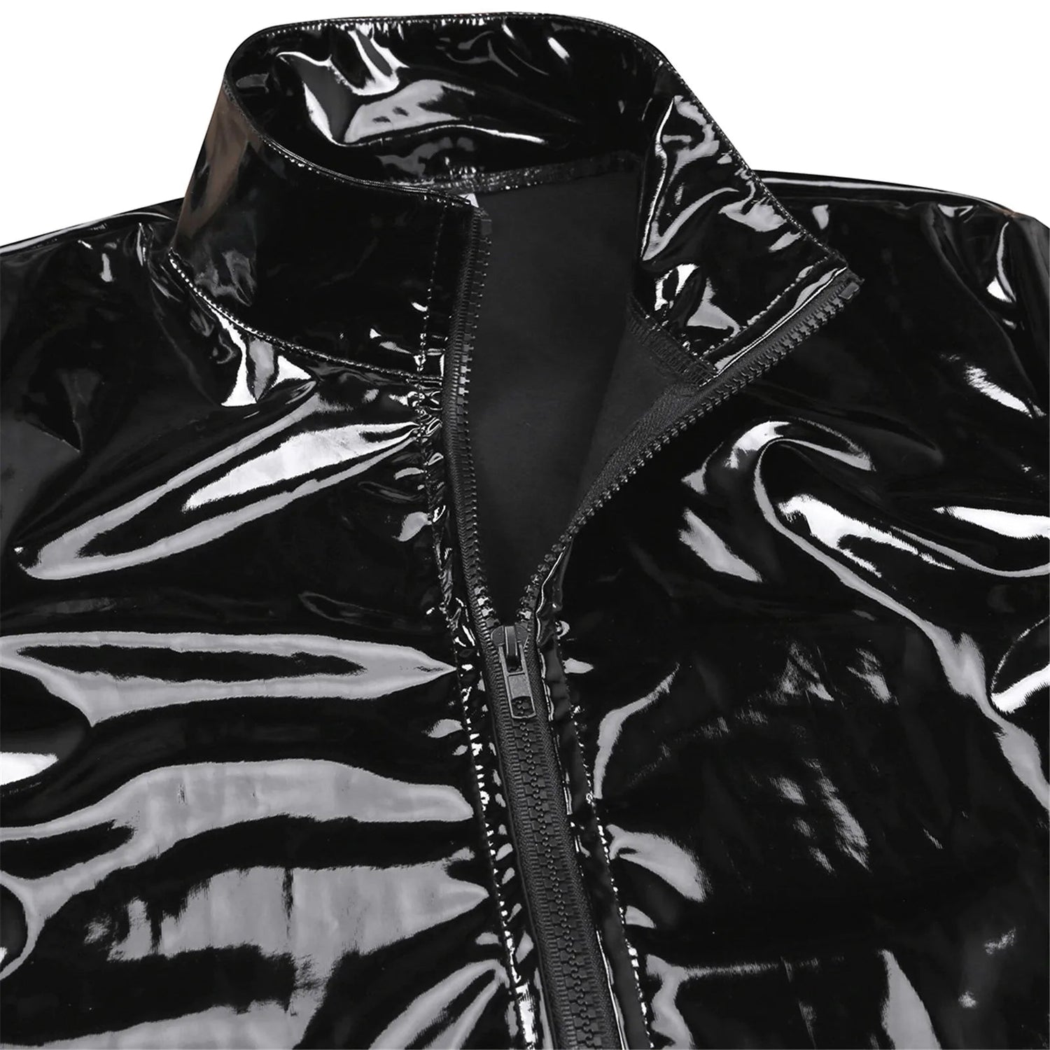 Men Wet Look Patent Leather Coat Long Sleeve Front-Zip Shiny Metallic Tops Fashion Man&