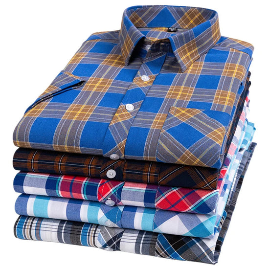 2025 Summer Cotton Plaid Short Sleeve Shirts For Men Plus Size Regular Fit Classic Young  England  Style Shirts Man&
