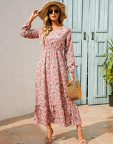 Women Eid Muslim Dresses Tight Waist O Neck Ruffles Spliced Casual Vestidos Flowers Dress Dubai Kaftan Islam Morocco Arab ShedPoundsPortal