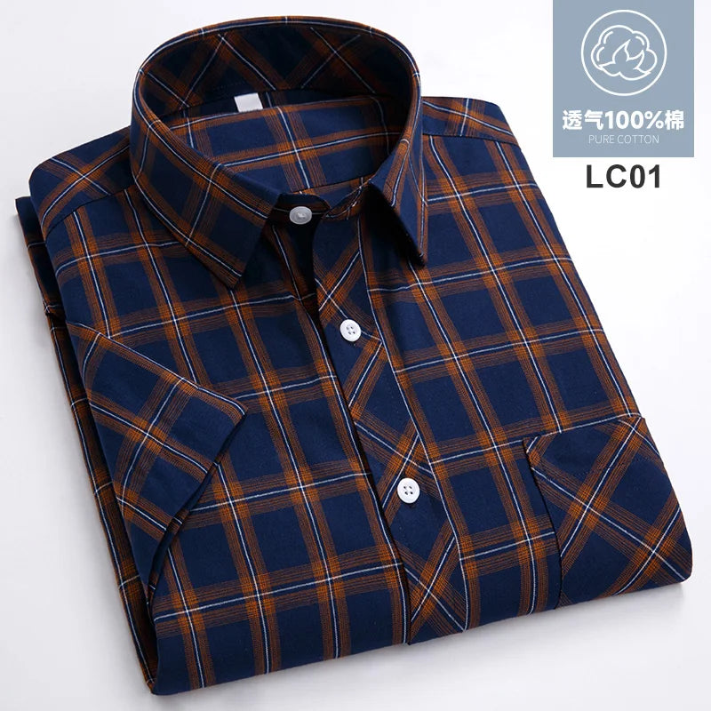 2025 Summer Cotton Plaid Short Sleeve Shirts For Men Plus Size Regular Fit Classic Young  England  Style Shirts Man&