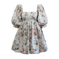 Floral Print French Puff Sleeve Dress High Waist Vintage Large Swing Dress Square Collar Dresses For Wedding Guest Vestidos
