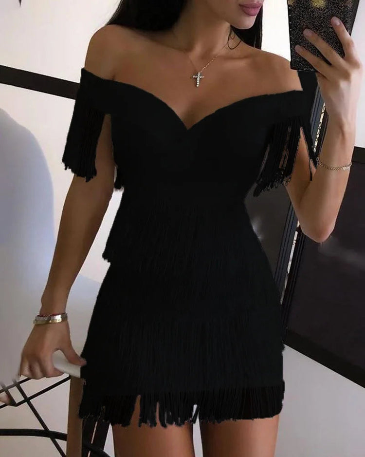 Women Evening Dresses Sexy Big V Neck One-shoulder Fringed Skirt Ladies Temperament Slim Dress Short Sleeve Club Dress Vestidos ShedPoundsPortal