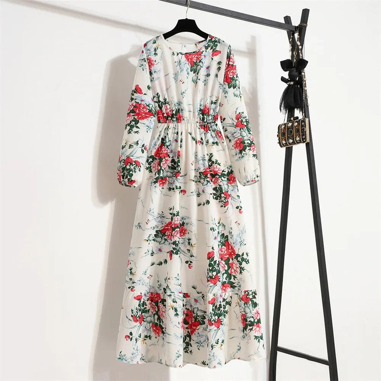 Women Eid Muslim Dresses Tight Waist O Neck Ruffles Spliced Casual Vestidos Flowers Dress Dubai Kaftan Islam Morocco Arab ShedPoundsPortal
