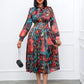 Elegant Dresses Woman 2025 Bow Collar Vintage Printed Full Sleeve A Line Mid Calf Luxury Female Birthday Party Dinner Vestidos