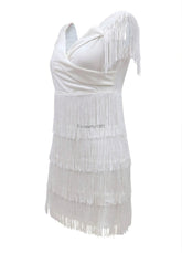 Women Evening Dresses Sexy Big V Neck One-shoulder Fringed Skirt Ladies Temperament Slim Dress Short Sleeve Club Dress Vestidos ShedPoundsPortal