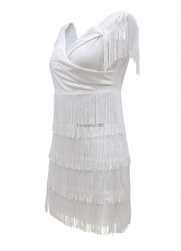 Women Evening Dresses Sexy Big V Neck One-shoulder Fringed Skirt Ladies Temperament Slim Dress Short Sleeve Club Dress Vestidos ShedPoundsPortal