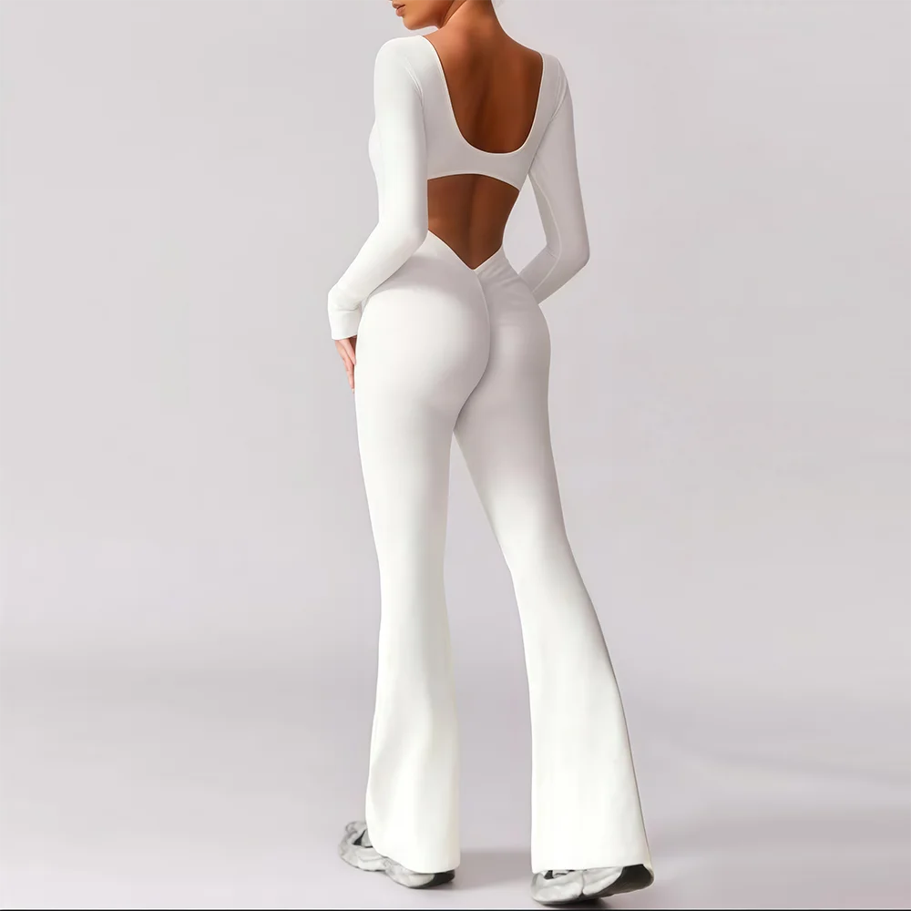 long sleeved jumpsuit U-neck tight and sexy backless jumpsuit for autumn and winter yoga sports and leisure series ShedPoundsPortal