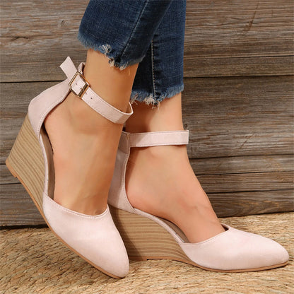 Fashion Women High Heel Sandals Closed Toe Solid Suede Pointed Wedge Heel Shoes Thick Bottom Buckle Sandals Female Footwear