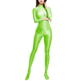 Sexy Women Zipper Full Body Jumpsuit Oil Glossy Sheer Solid Color Tights Bodysuits Long Sleeve Catsuits Smooth Swimsuits Rompers ShedPoundsPortal