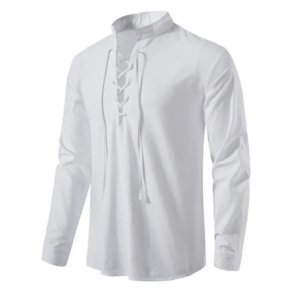 Shirt Cotton Linen Flax Tops Lace Up Long Sleeves Blouse Mens V Neck Medieval Costume Embroidery Tunic Casual Shirt ShedPoundsPortal