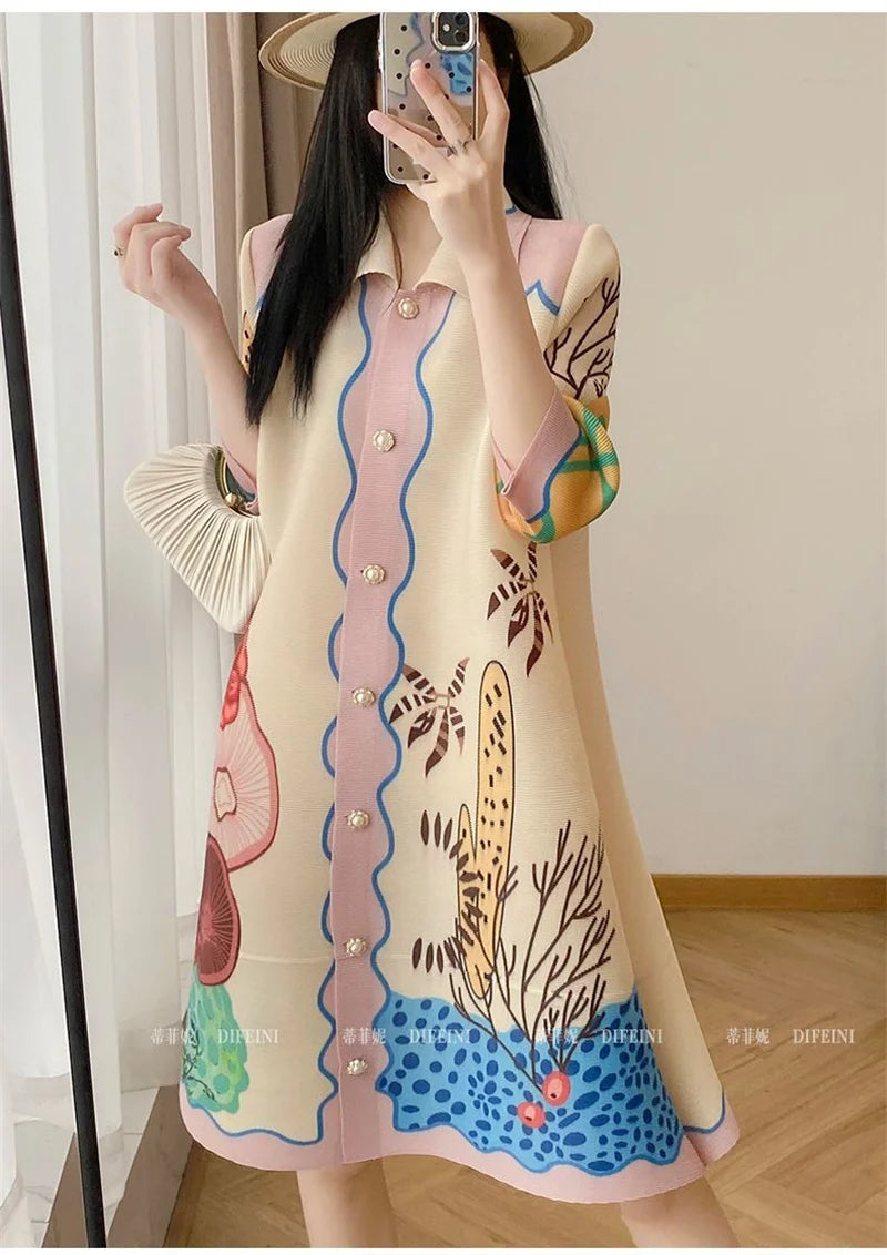 Womens Dresses Evening Dresses Beautiful Lssey Miyake Pleated Dress Summer new Fashion Lapel Loose Slim Long Print Fat mm Skirt ShedPoundsPortal